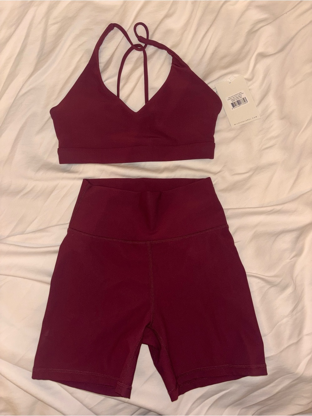 Burgundy Two-Piece Wilo Active Set - Strappy Sports Bra & High-Waist Shorts